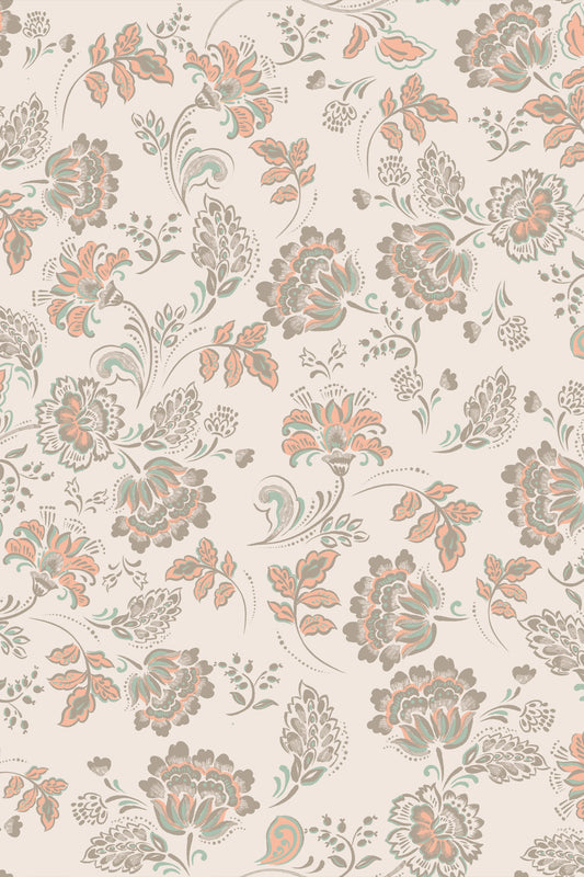 A repeating vintage floral pattern on a warm cream background, featuring peach, sage green, and taupe botanical motifs.