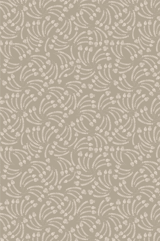 A close-up of a repeating fabric or wallpaper pattern featuring light beige floral and leaf motifs on a warm taupe-gray background.
