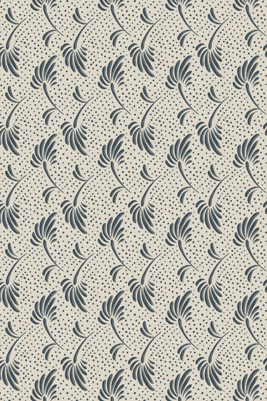 A repeating vintage-style floral pattern in dark gray on a warm cream background, with small scattered dots throughout.