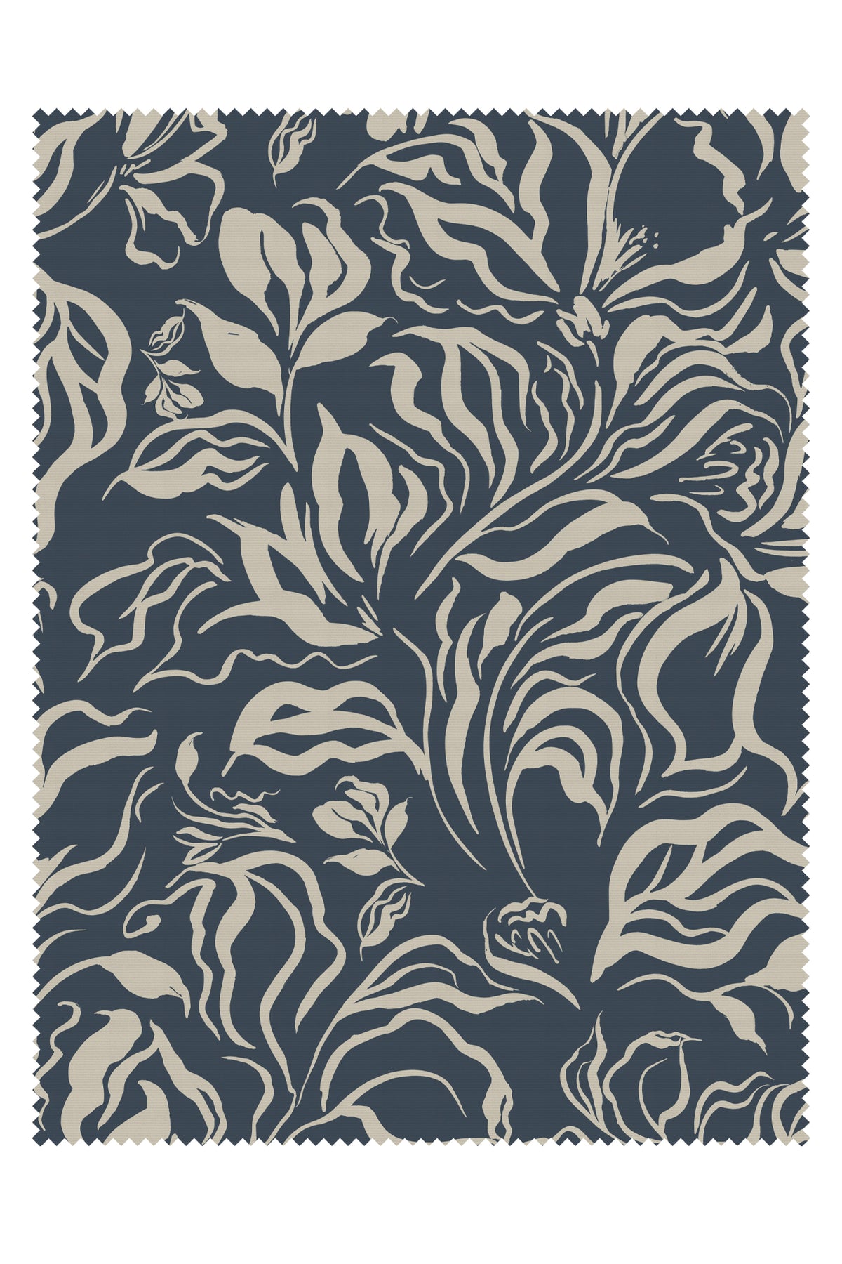 A square fabric swatch with a dark navy blue background and a beige botanical pattern of leaves and flowers, finished with a zigzag stitched border.
