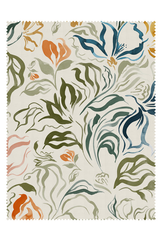 A square fabric or wallpaper swatch with a cream background and an abstract botanical pattern in muted green, blue, orange, and pink tones.