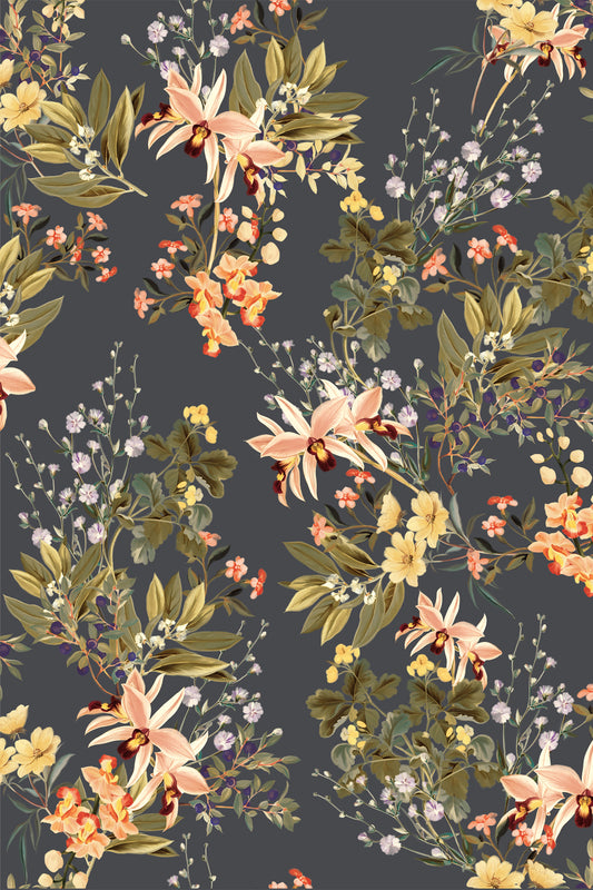 A repeating botanical pattern featuring peach and cream flowers, yellow blossoms, and olive green leaves on a dark charcoal gray background.