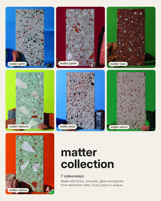 A product collage showing seven terrazzo-style stone slabs labeled matter earth, matter quartz, matter marble, matter neptune, matter plumb, matter saturn, and matter uranus, with text reading 'matter collection' and '7 colourways' on a light beige background.