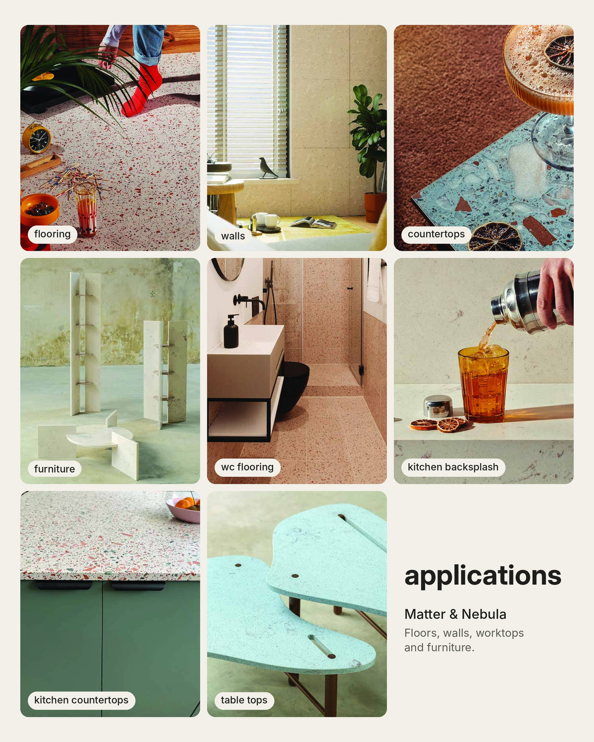 A collage-style product graphic showing multiple interior application examples for a flooring and furniture material called Matter & Nebula. The layout includes labeled photos of flooring in a bathroom, countertop use, furniture in a room, kitchen backsplash, and table tops, with the text 'applications' and 'Matter & Nebula Floors, walls, worktops and furniture.