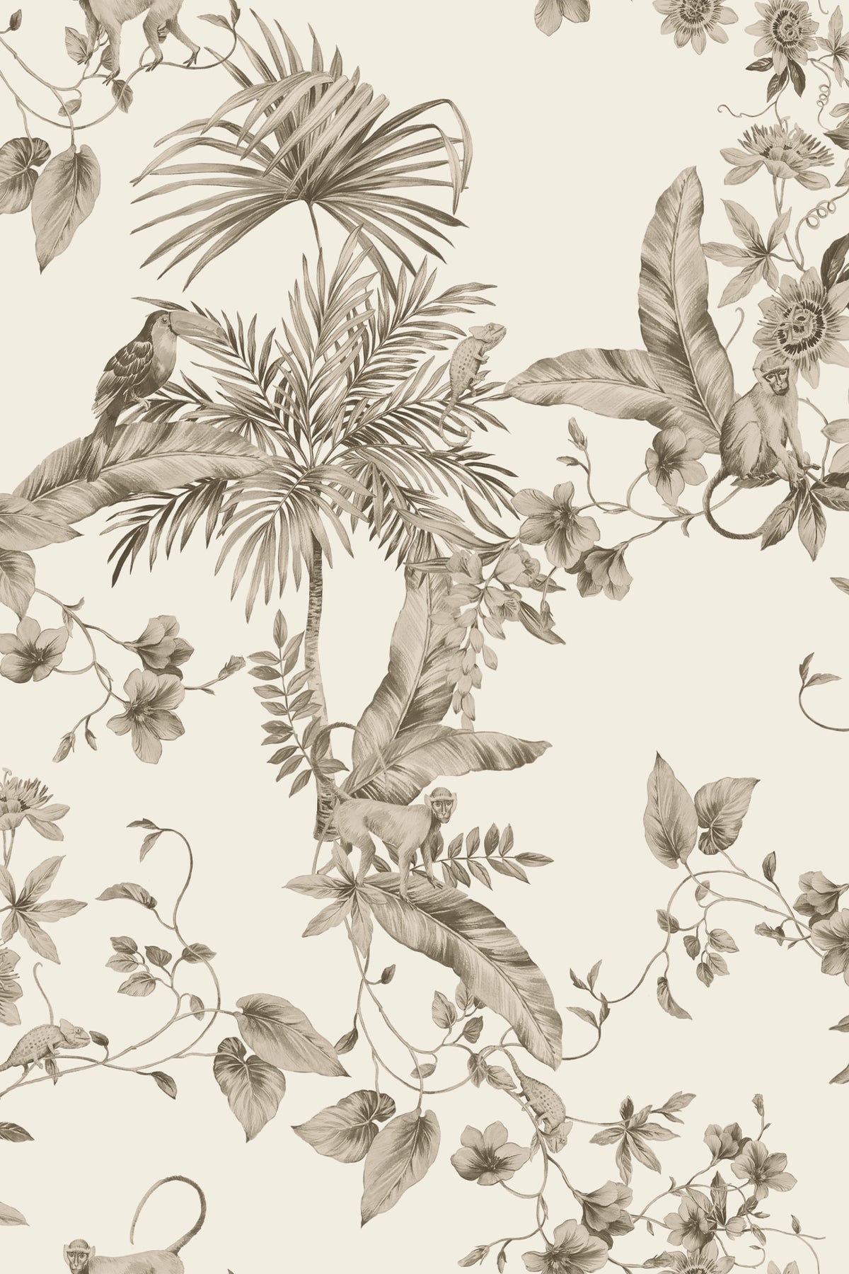 Jungle-themed wallpaper featuring a detailed sepia-toned botanical pattern with palm trees, tropical leaves, flowers, and a bird on a warm cream background.