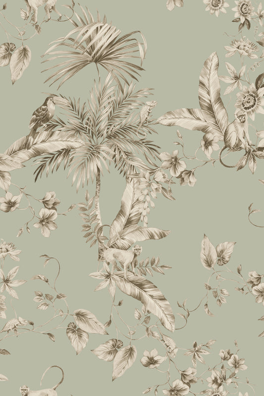 Jungle-themed wallpaper featuring a repeating toile pattern of palm trees, tropical leaves, flowers, and a parrot in muted beige and taupe tones on a sage green background.
