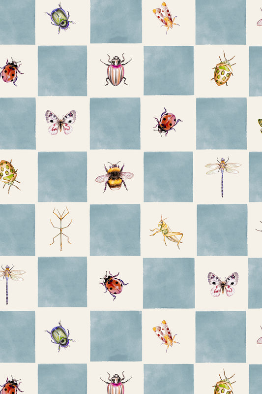 A repeating checkered pattern of light blue and off-white squares, each containing a different watercolor-style insect illustration including ladybugs, butterflies, bees, dragonflies, and a stick insect.