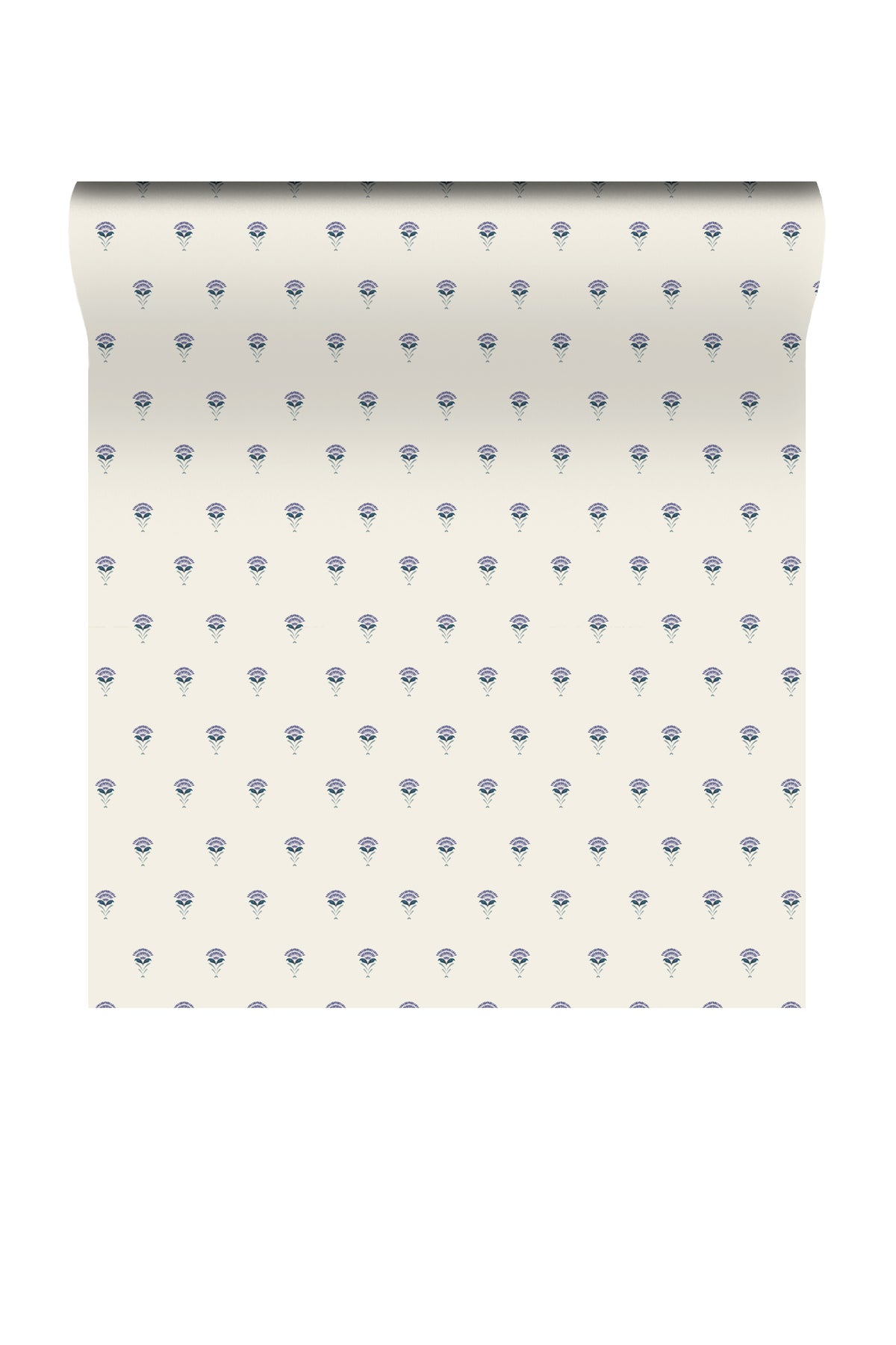 A roll of wallpaper with a repeating pattern of small blue floral motifs on a warm off-white background, shown against a plain white studio backdrop.