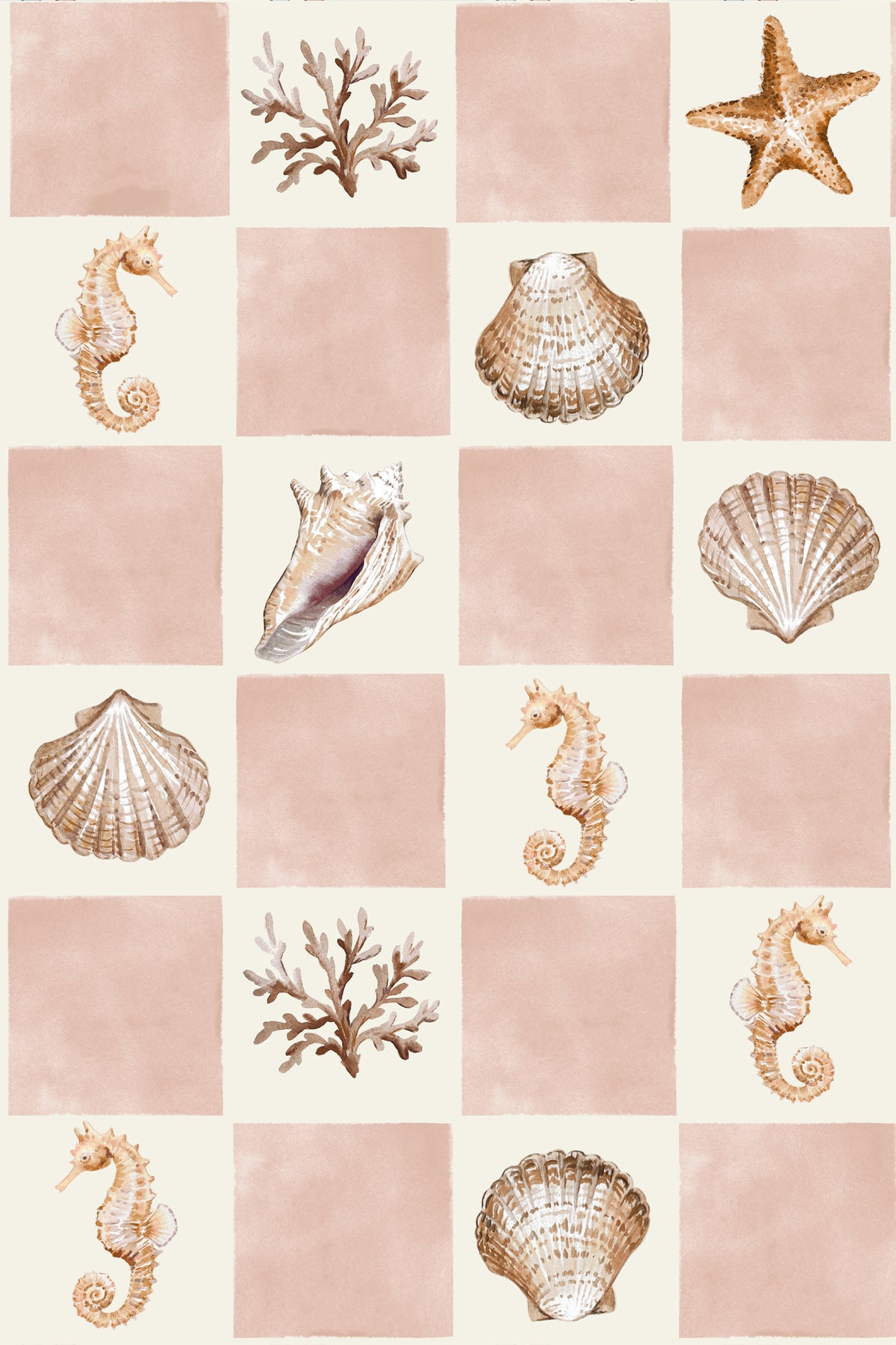 A repeating nautical pattern featuring beige and blush pink squares with illustrated seahorses, scallop shells, coral, and a starfish.