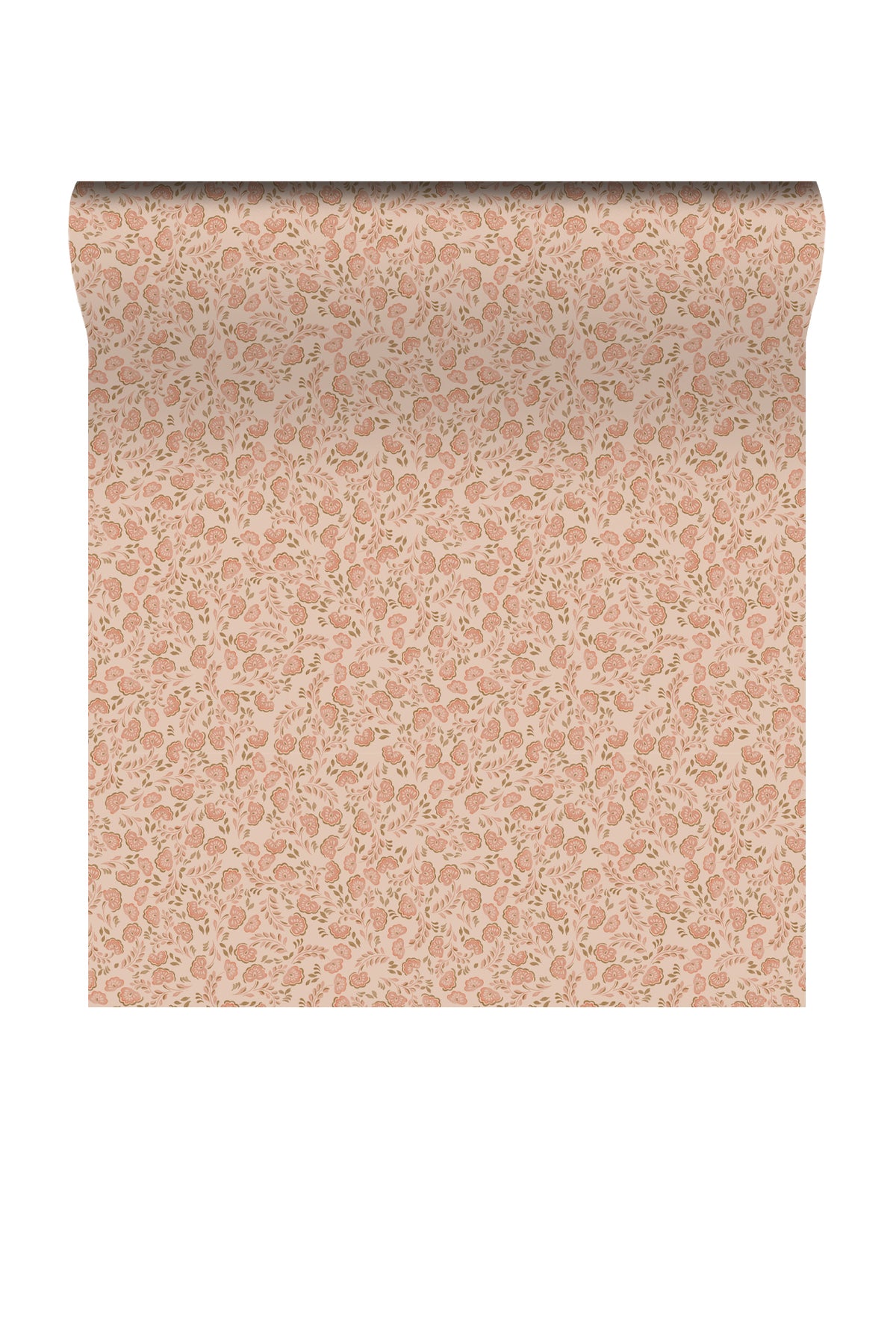 A roll of wallpaper with a dense, small-scale abstract pattern in dusty pink and beige, shown against a plain white background.