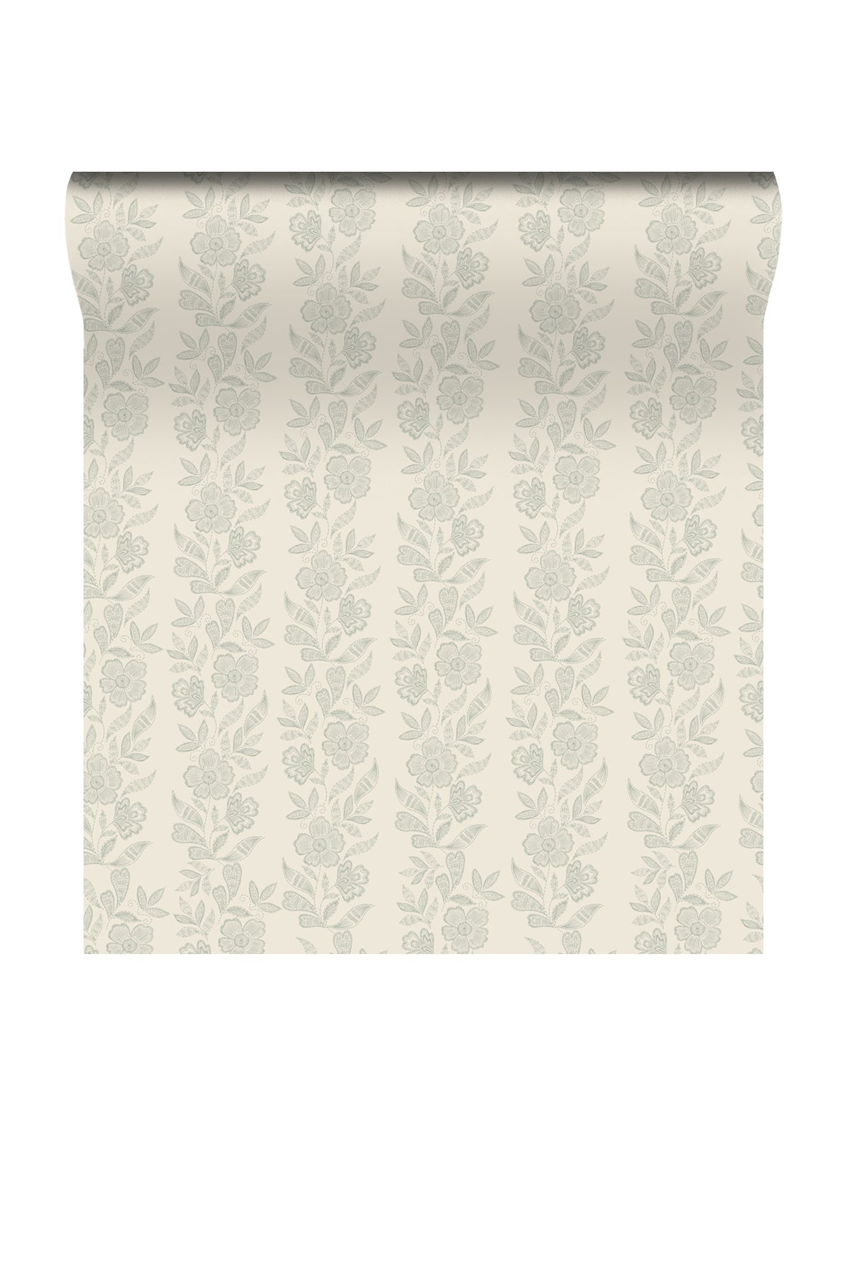 A roll of wallpaper with a vertical floral damask pattern in a muted sage green on a warm cream background, shown against a plain white backdrop.