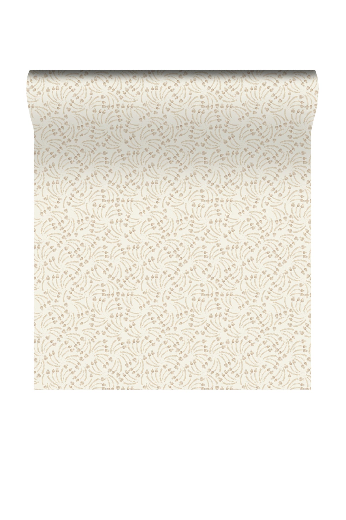A roll of wallpaper with a repeating beige and cream botanical leaf pattern, shown partially unrolled against a plain white background.
