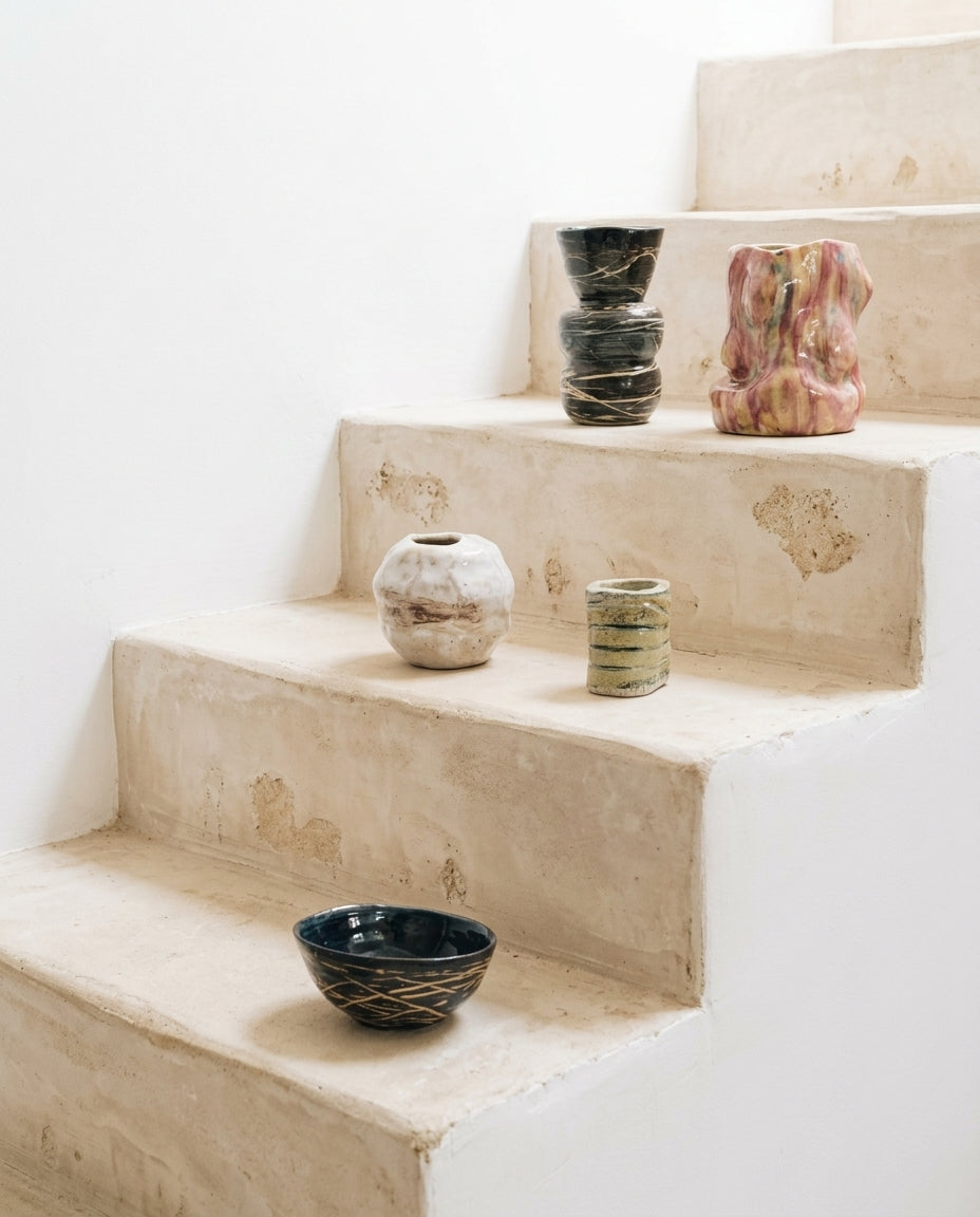 A collection of handmade ceramic vases and bowls displayed on rustic stone stairs against a white wall.