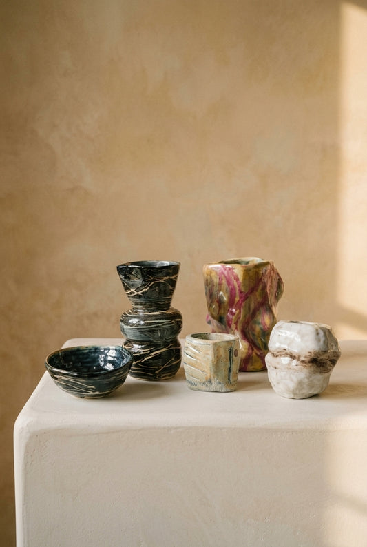 A collection of six unique, organic-shaped ceramic vases and bowls in various earthy stone-like colors and patterns, arranged on a white pedestal against a textured beige plaster wall.