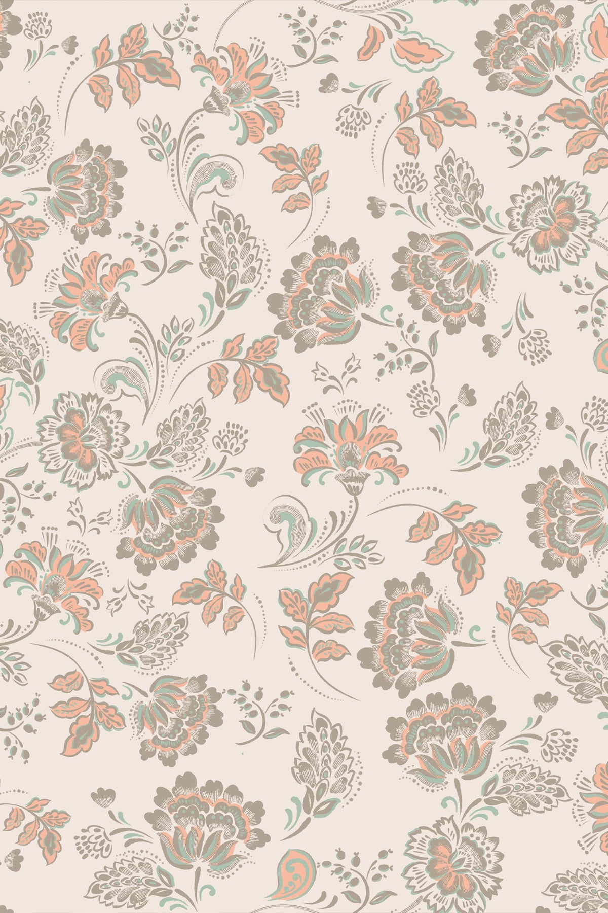 A repeating vintage floral pattern on a warm cream background, featuring peach, sage green, and taupe botanical motifs.