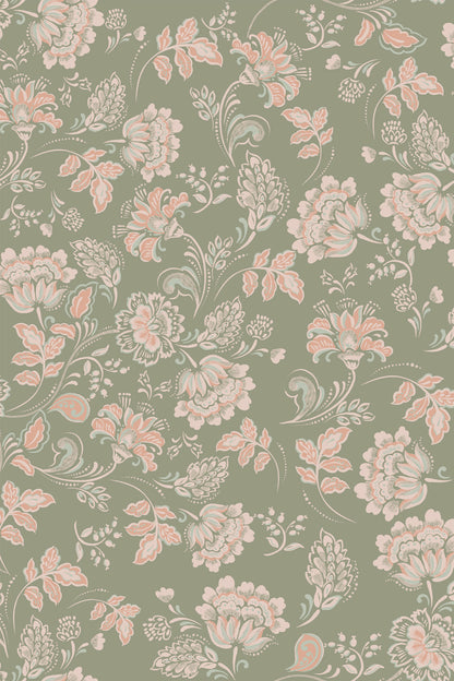A repeating floral pattern wallpaper or fabric design featuring pale pink flowers and leaves on a muted sage green background.