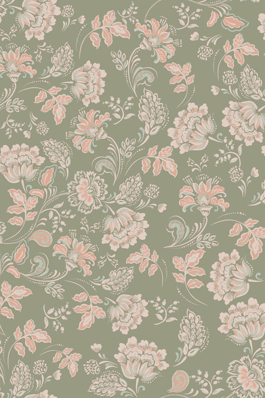 A repeating floral pattern wallpaper or fabric design featuring pale pink flowers and leaves on a muted sage green background.