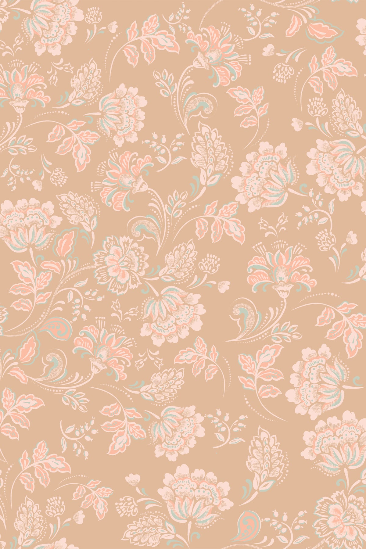 A repeating floral pattern wallpaper or fabric design on a warm beige background, featuring light pink flowers and leaves with pale blue accents.