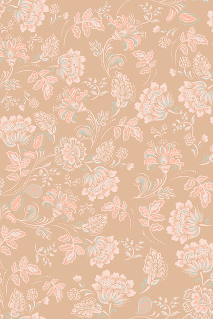 A repeating floral pattern wallpaper or fabric design on a warm beige background, featuring light pink flowers and leaves with pale blue accents.