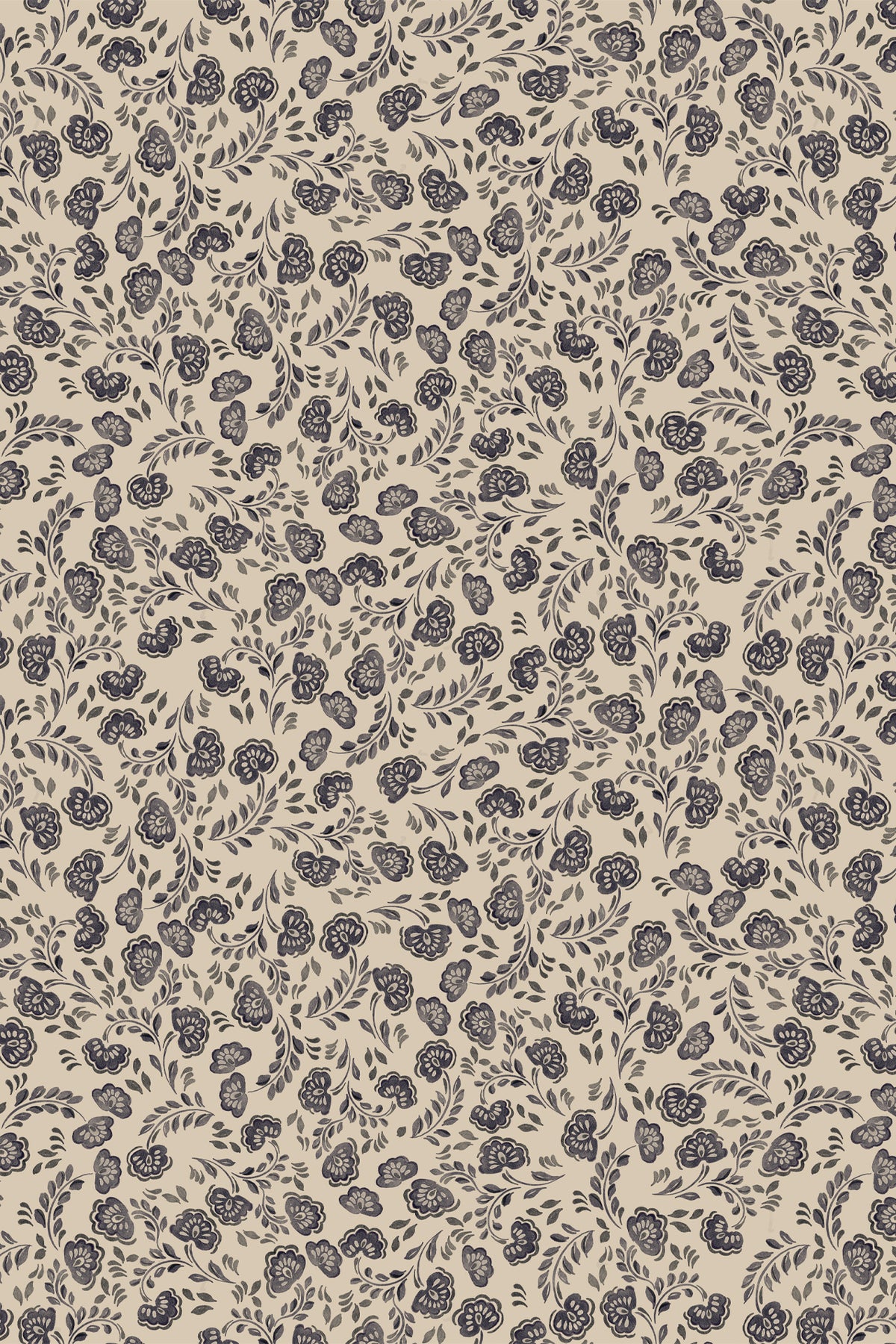 Beige fabric or wallpaper featuring a dense, repeating dark gray botanical pattern of leaves, stems, and small flower-like motifs.