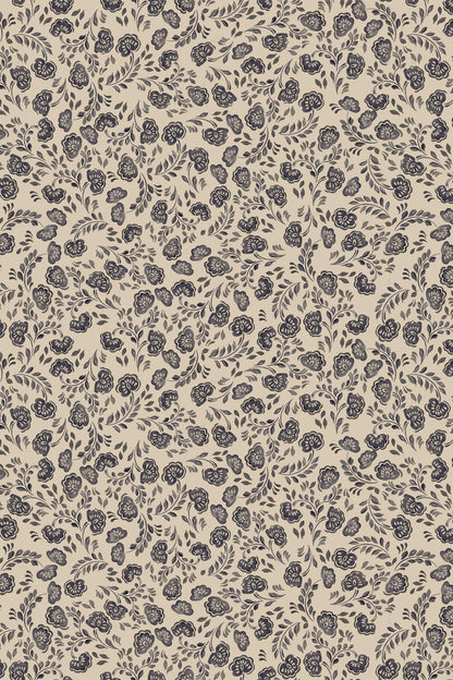Beige fabric or wallpaper featuring a dense, repeating dark gray botanical pattern of leaves, stems, and small flower-like motifs.