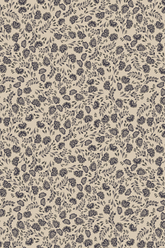 Beige fabric or wallpaper featuring a dense, repeating dark gray botanical pattern of leaves, stems, and small flower-like motifs.
