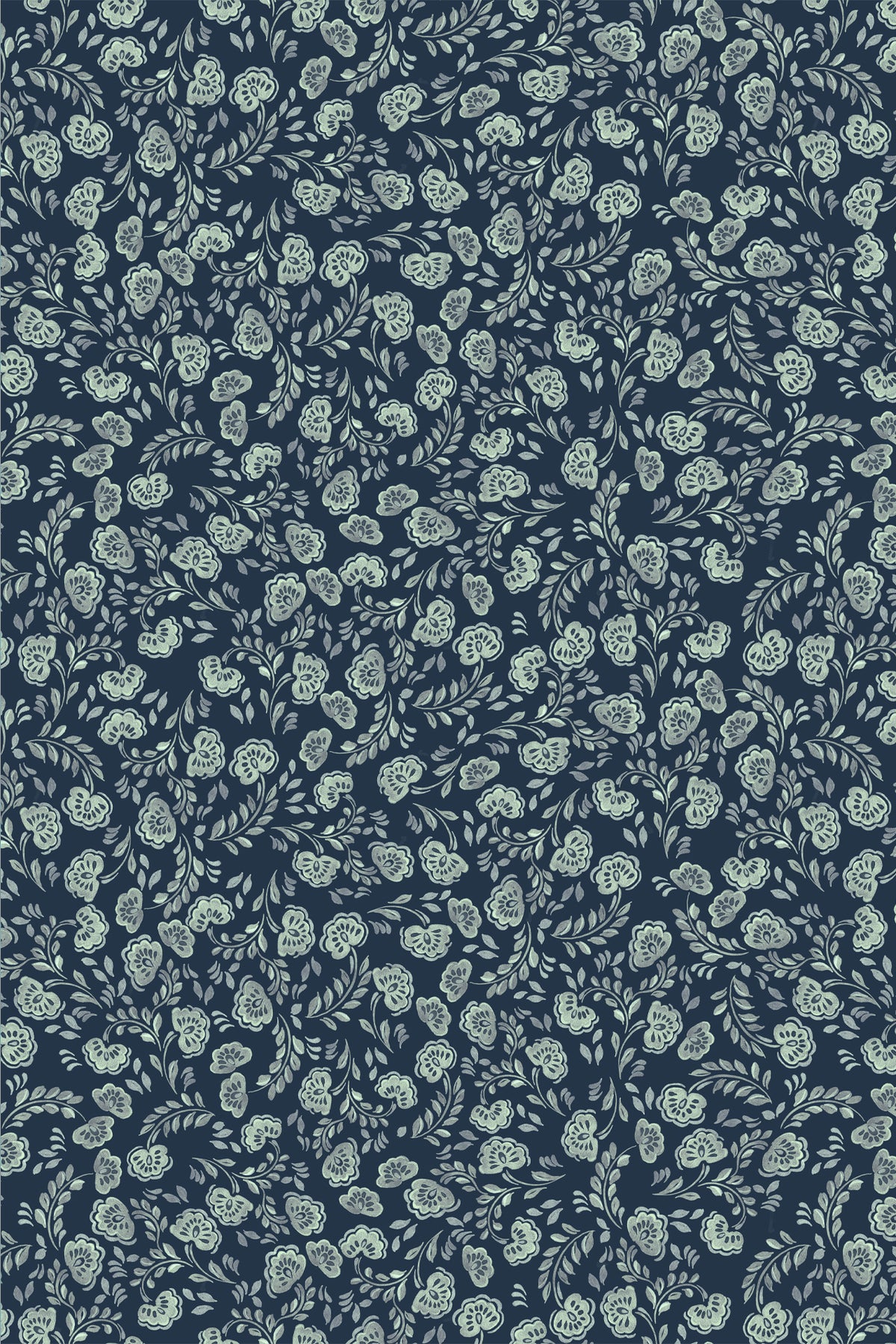 A repeating floral pattern featuring light sage green and white flowers with leaves on a dark navy blue background.