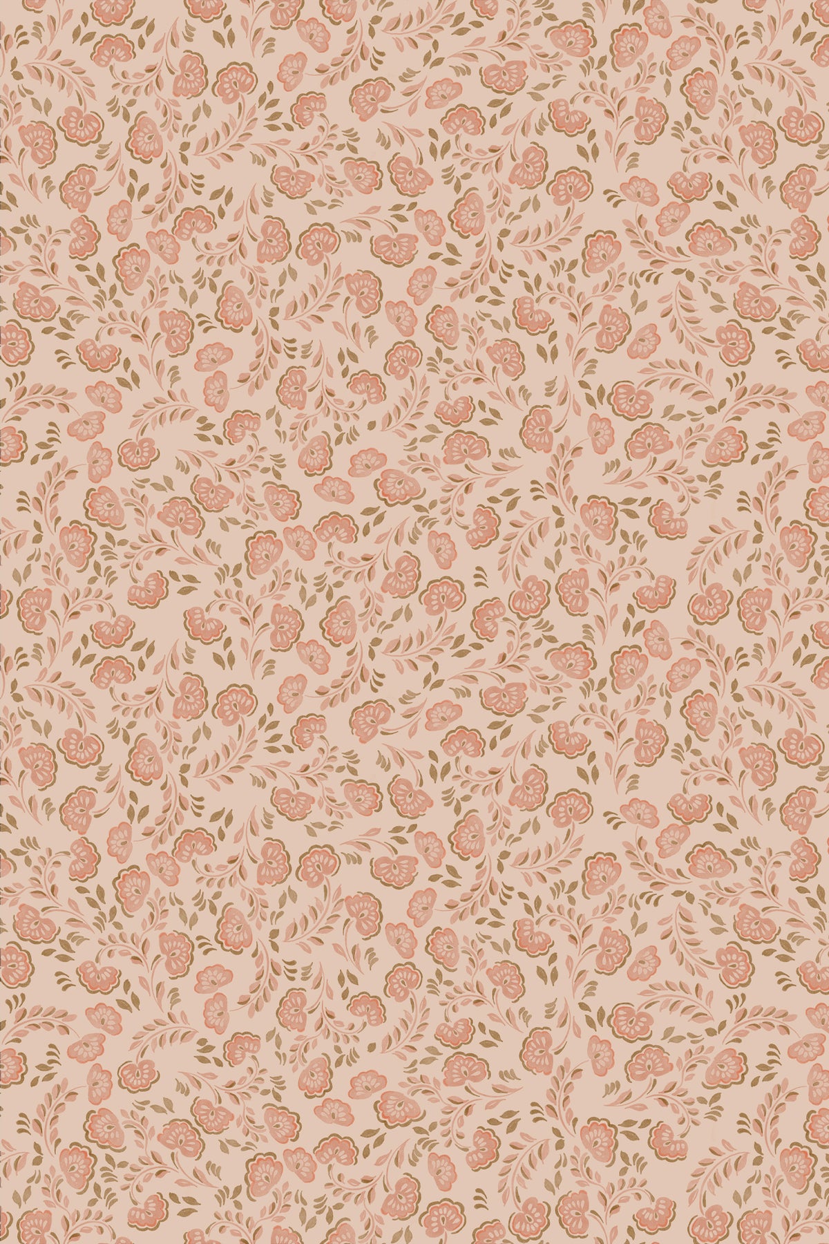 A repeating floral pattern featuring dusty pink roses and leaves on a warm beige background.