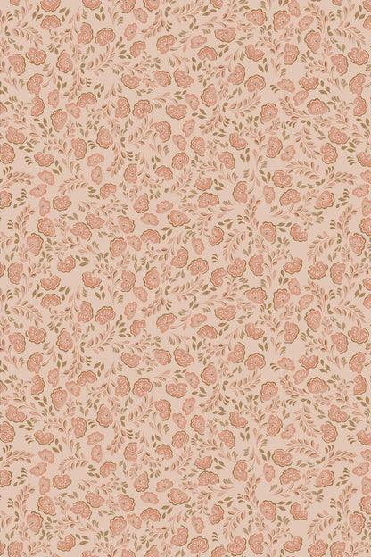 A repeating floral pattern featuring dusty pink roses and leaves on a warm beige background.