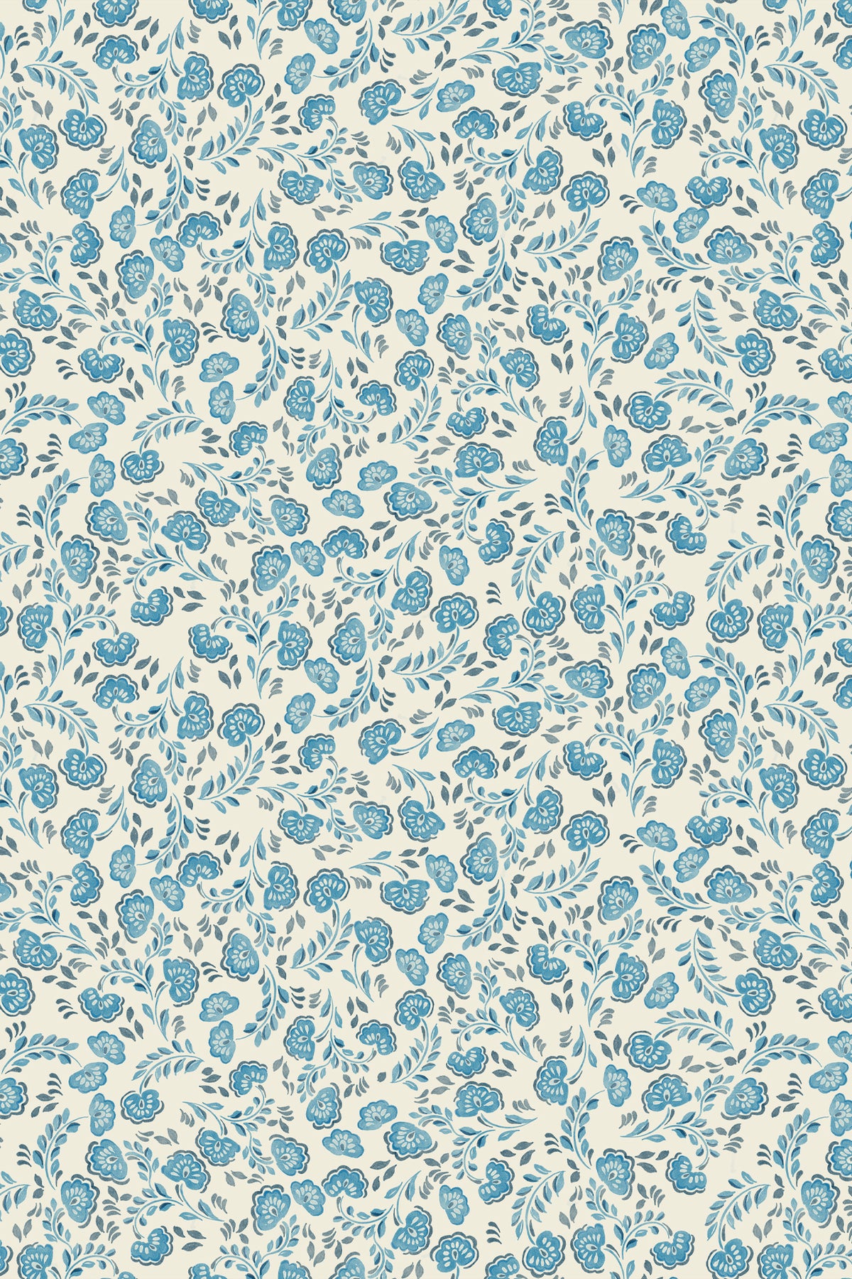 A repeating floral pattern featuring light blue stylized flowers and leaves on a warm off-white background.