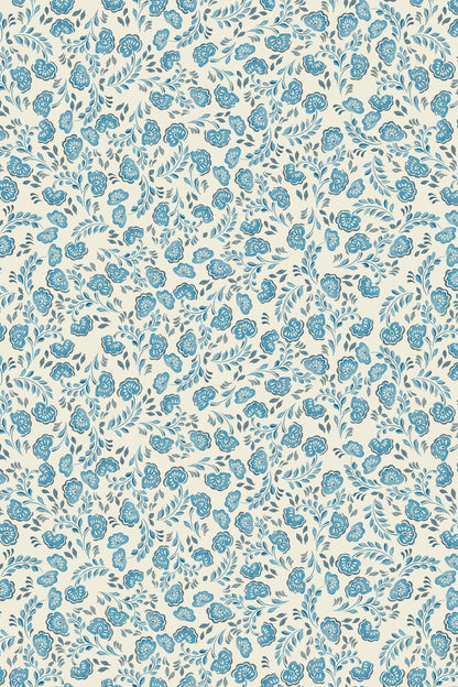 A repeating floral pattern featuring light blue stylized flowers and leaves on a warm off-white background.