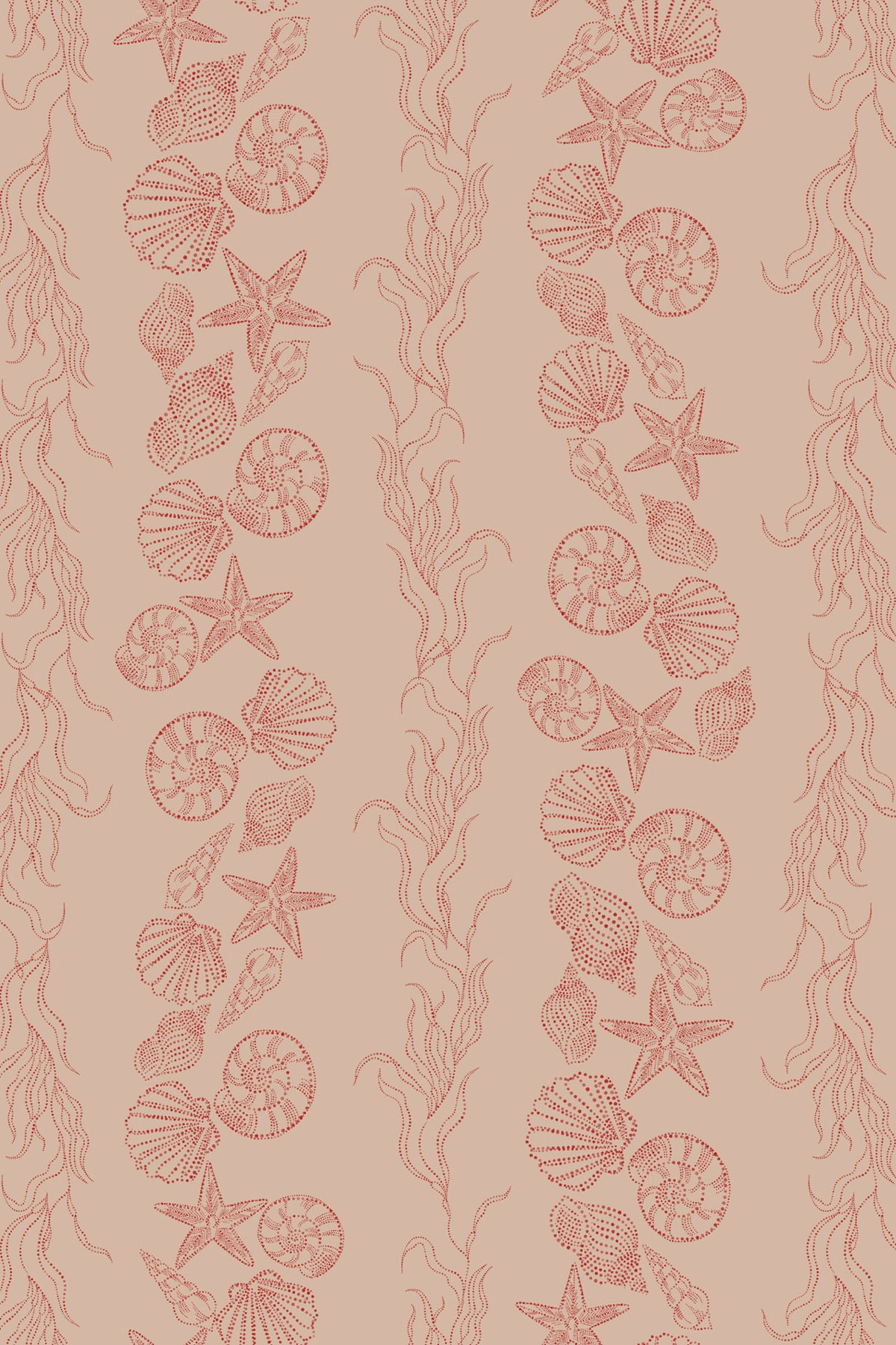 A repeating vertical pattern of seashells, starfish, and seaweed in a muted coral pink on a warm beige background.
