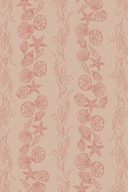 A repeating vertical pattern of seashells, starfish, and seaweed in a muted coral pink on a warm beige background.