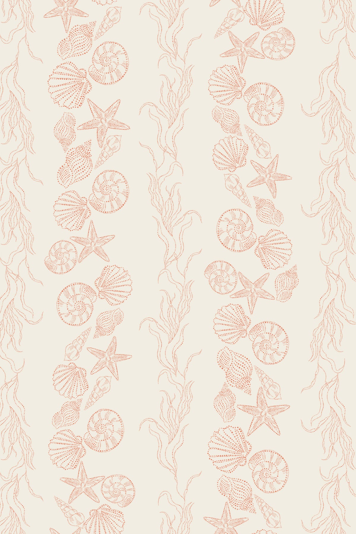 Beige wallpaper featuring a vertical repeating pattern of seashells, starfish, and seaweed in a muted peach-pink color.