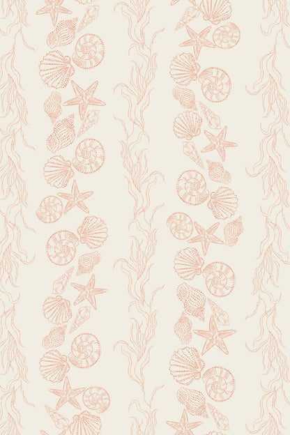 Beige wallpaper featuring a vertical repeating pattern of seashells, starfish, and seaweed in a muted peach-pink color.