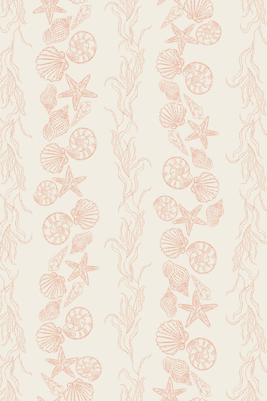Beige wallpaper featuring a vertical repeating pattern of seashells, starfish, and seaweed in a muted peach-pink color.