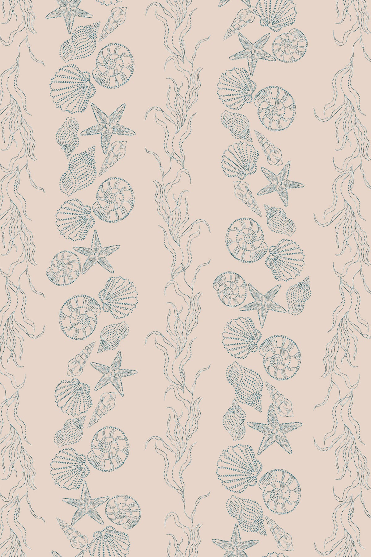 A repeating vertical pattern of sea urchins, starfish, shells, and seaweed in muted blue-gray on a warm beige background.