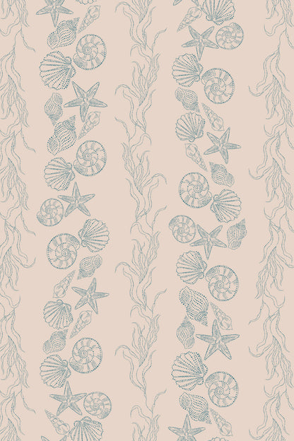 A repeating vertical pattern of sea urchins, starfish, shells, and seaweed in muted blue-gray on a warm beige background.