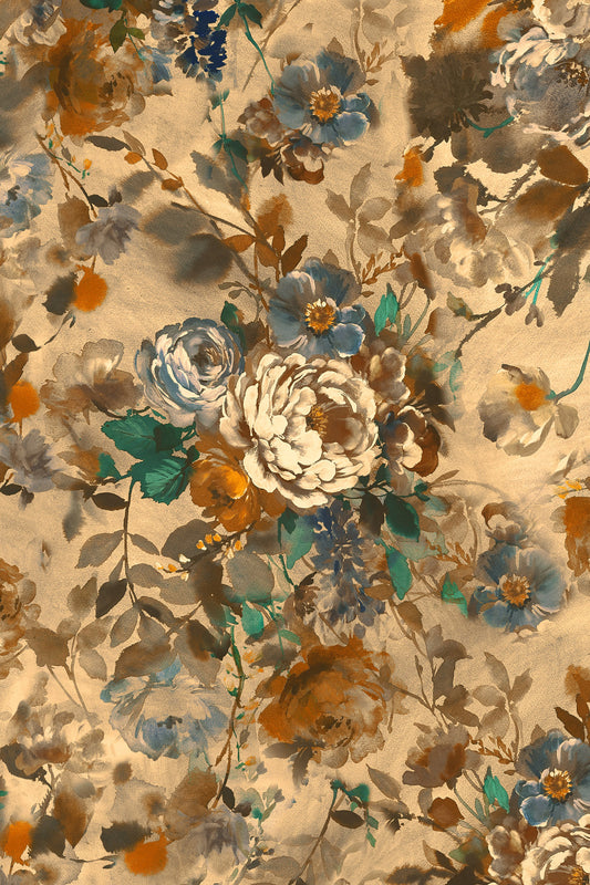 A close-up of a floral fabric pattern featuring blue, white, and orange flowers with green and brown leaves on a warm beige background.