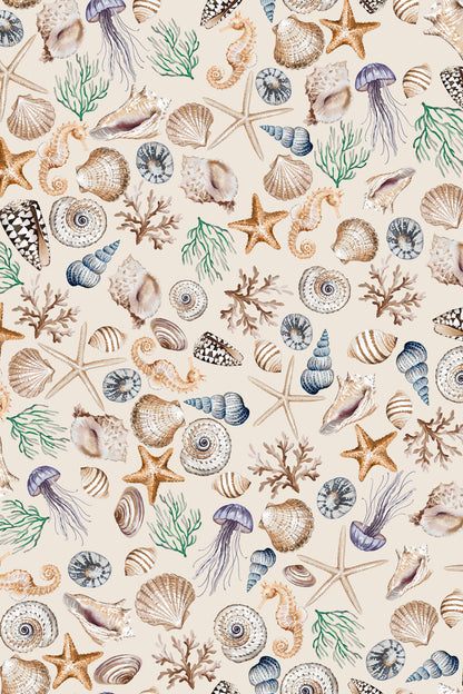A repeating nautical pattern featuring seashells, starfish, sea urchins, jellyfish, coral, and seaweed in muted blue, beige, and green tones on a warm cream background.