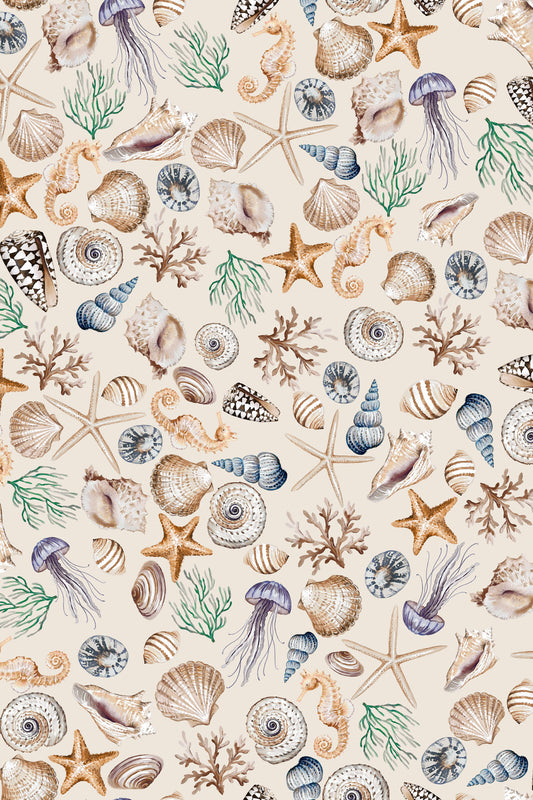 A repeating nautical pattern featuring seashells, starfish, sea urchins, jellyfish, coral, and seaweed in muted blue, beige, and green tones on a warm cream background.
