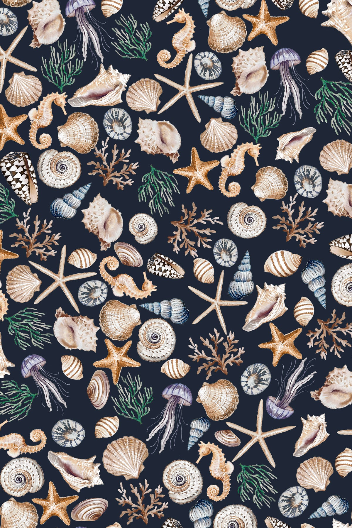 A repeating nautical pattern featuring seashells, starfish, seahorses, jellyfish, coral, and green seaweed in muted beige, tan, blue, and green tones on a dark navy background.