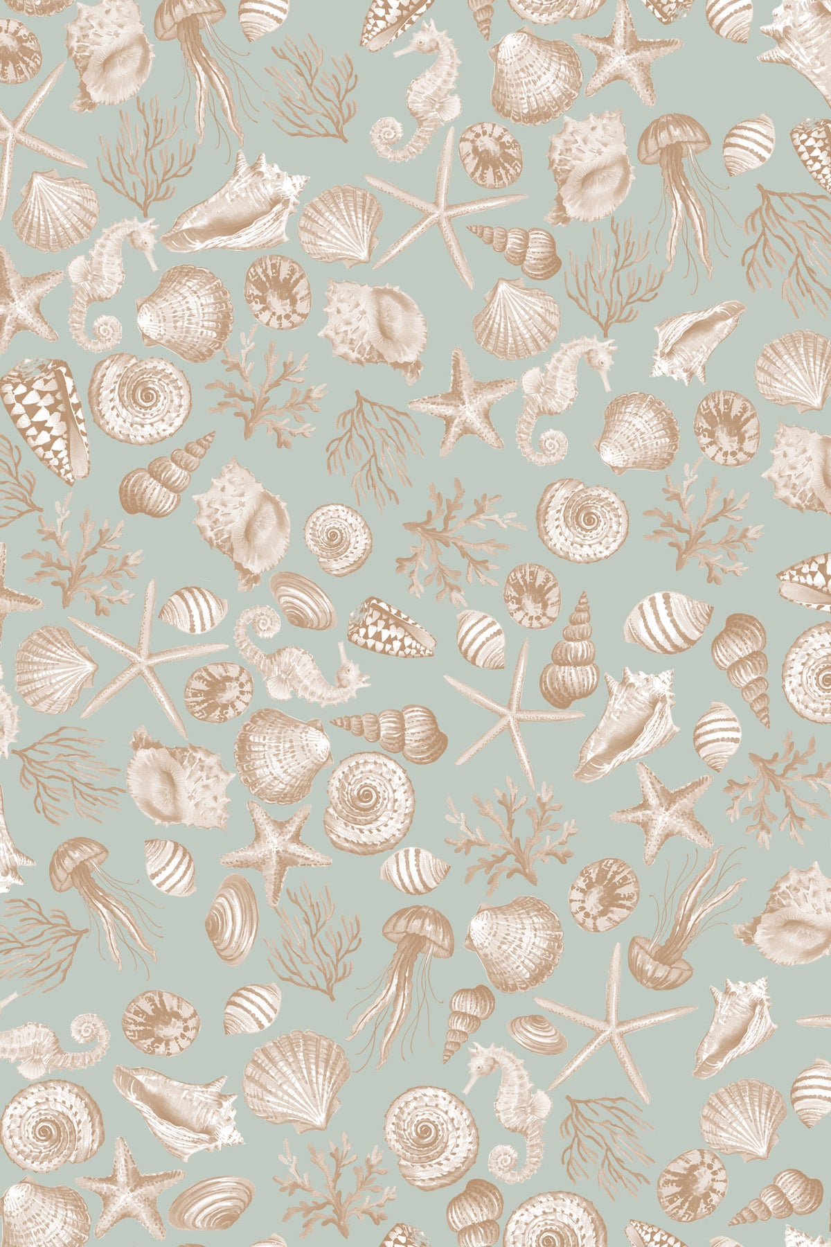 A repeating seashell and starfish pattern on a pale sage green background, with beige and off-white sea life illustrations including starfish, seahorses, jellyfish, and various shells.