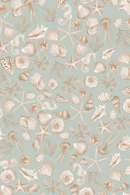 A repeating seashell and starfish pattern on a pale sage green background, with beige and off-white sea life illustrations including starfish, seahorses, jellyfish, and various shells.