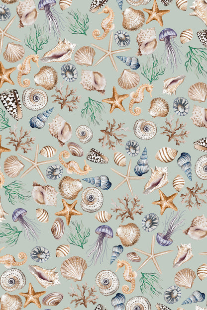 A repeating seashell and sea life pattern on a muted sage green background, featuring starfish, seahorses, jellyfish, coral, and various shells in beige, blue, purple, and brown tones.