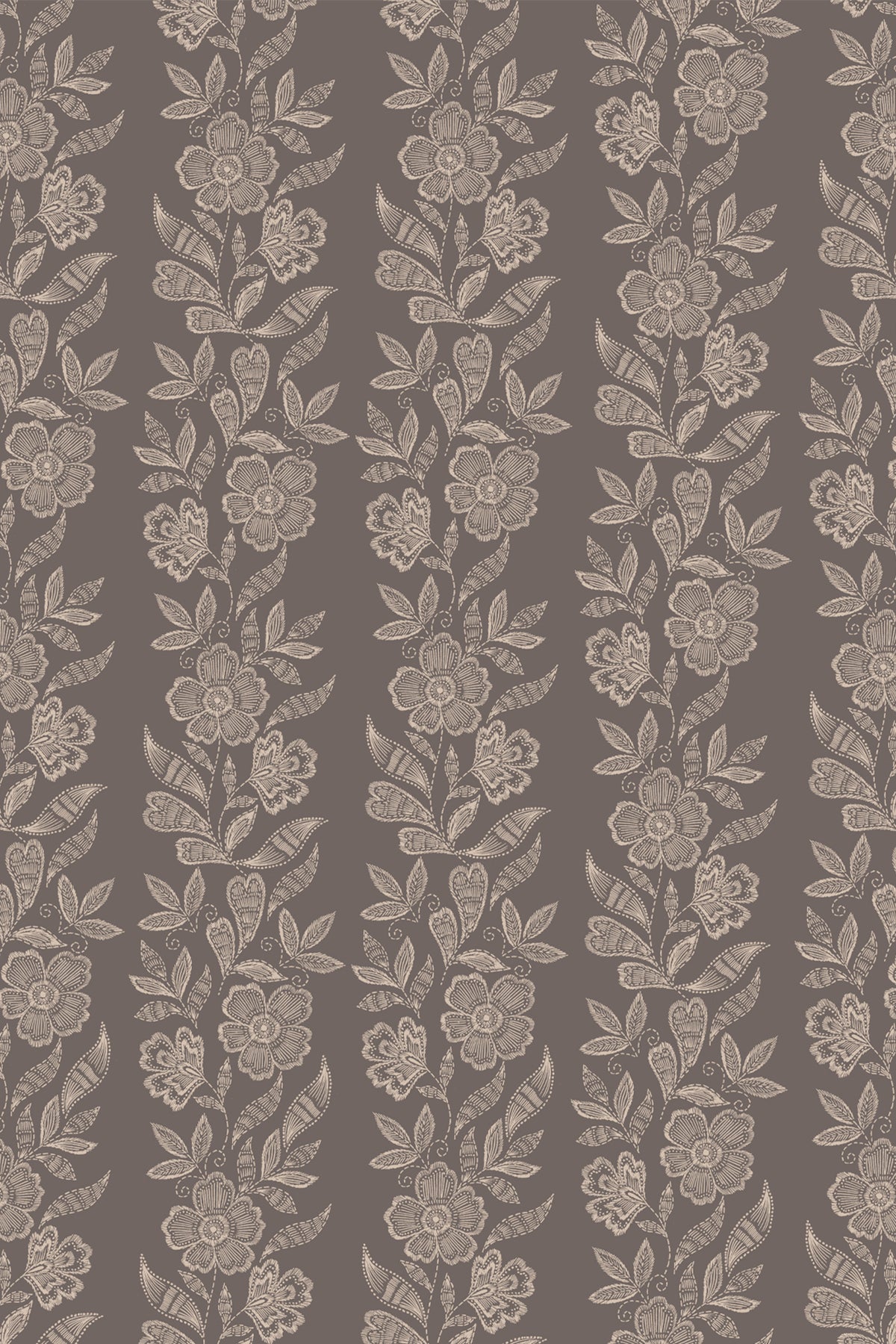 Beige wallpaper with a repeating vertical pattern of white floral vines and leaves.