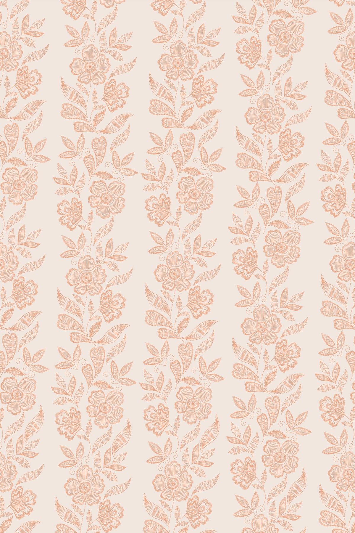 A repeating vertical floral pattern in soft peach and blush tones on a warm cream background.