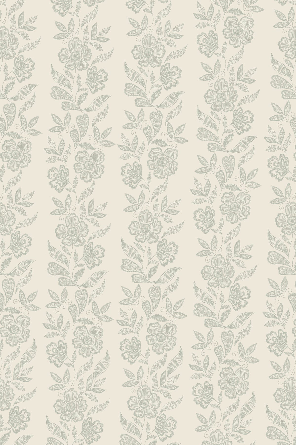 A repeating vertical floral pattern in pale sage green on a warm off-white background, shown as a flat close-up of the surface design.