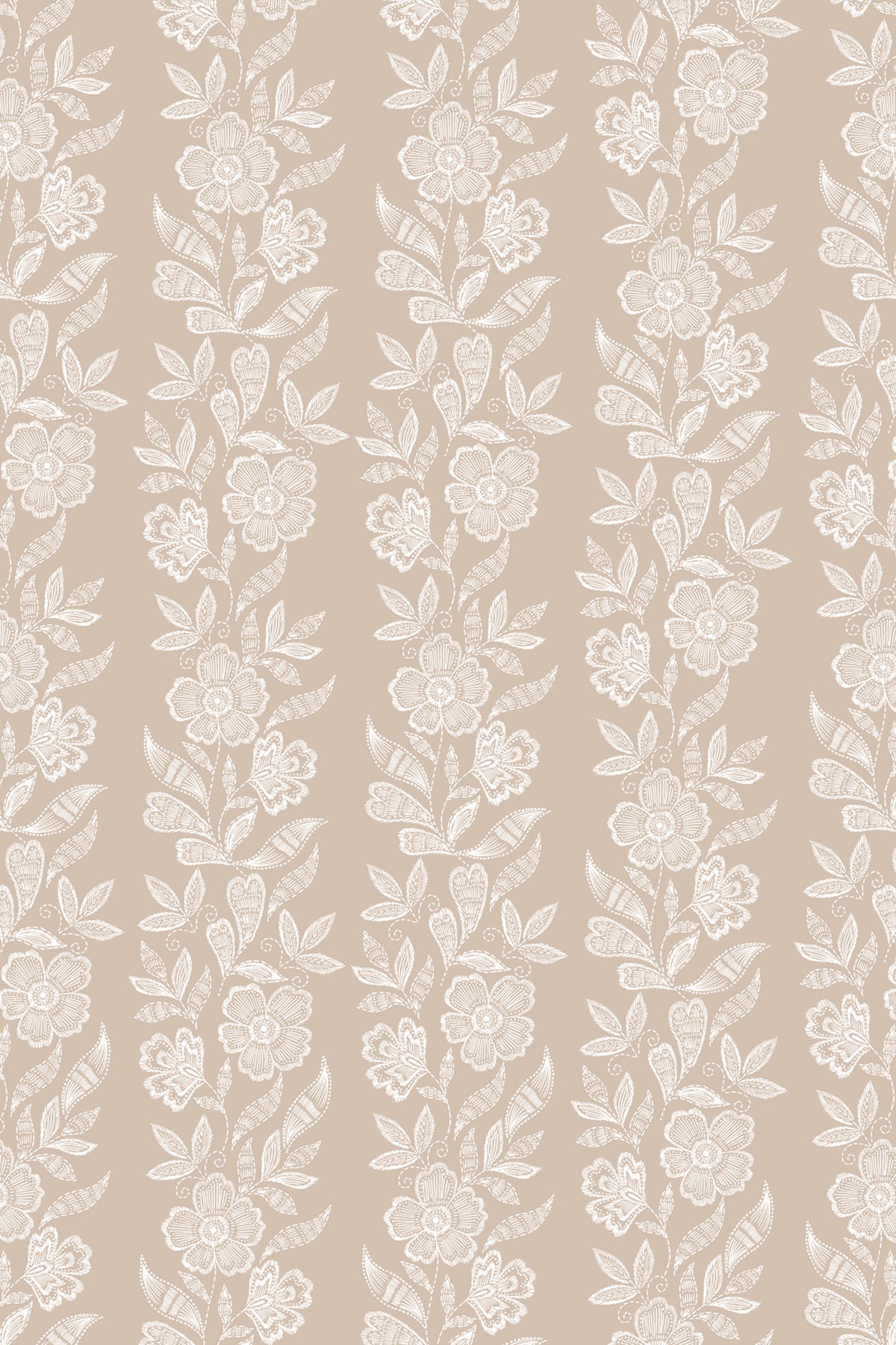 Beige wallpaper with a repeating vertical pattern of white floral vines and leaves.