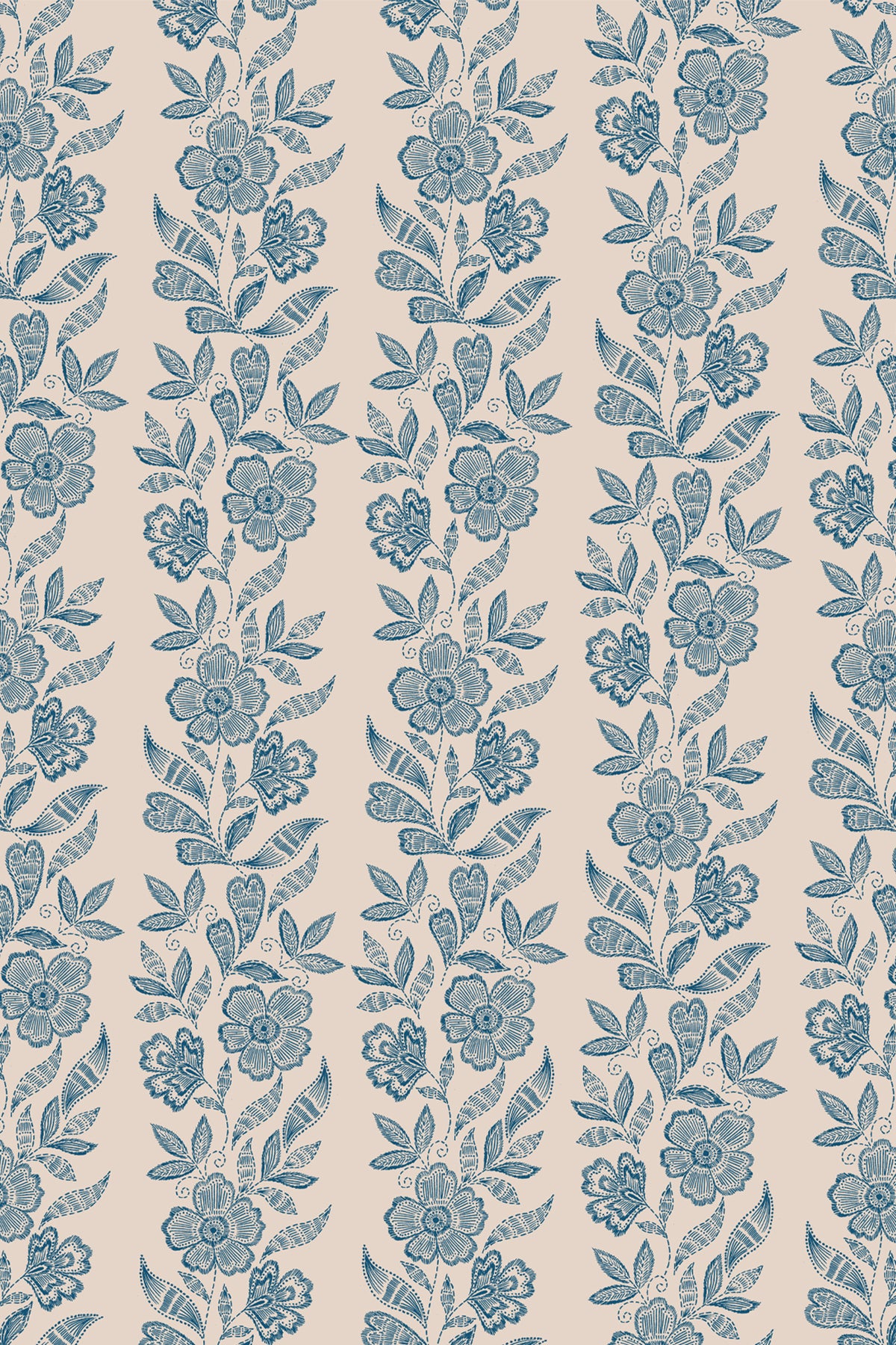 A repeating floral pattern in muted blue on a warm beige background, with vertical bands of flowers and leaves filling the frame.